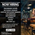 Kuwait A Reputed Restaurants Management Company Hiring Following Positions in Feb 2025.