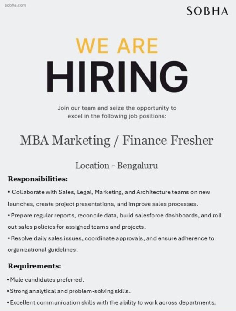 marketing jobs for mba freshers – sobha Ltd. bengaluru hiring now | apply by may 10