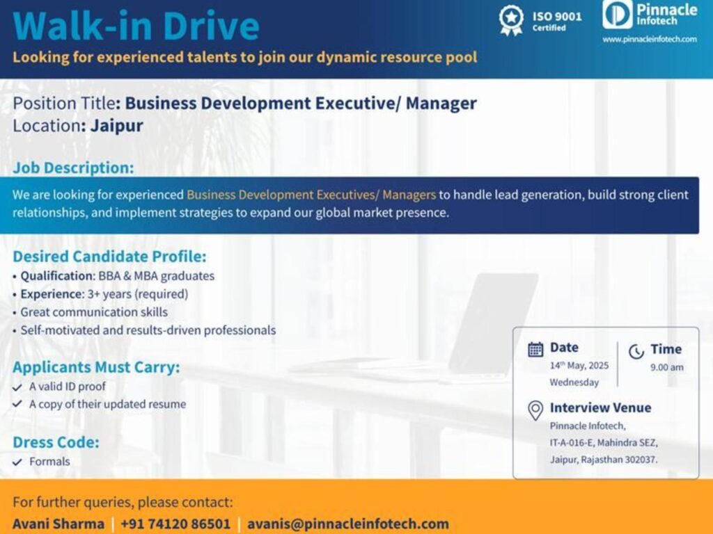 business development jobs in jaipur – pinnacle infotech walk-in drive may 2025!