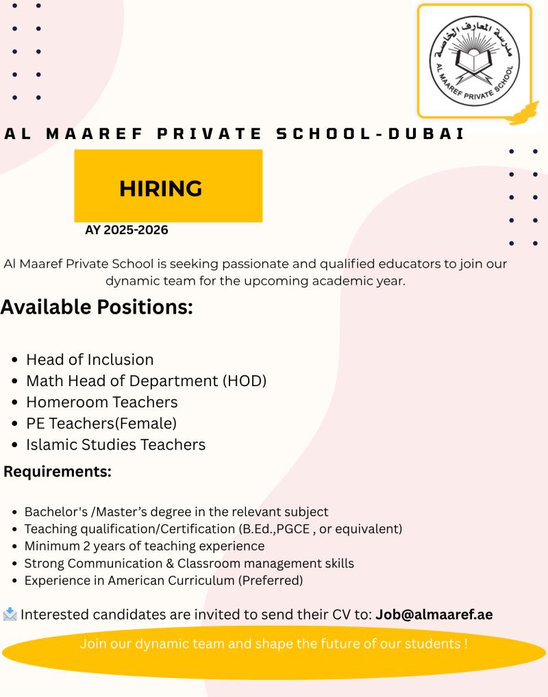 🌟 5 Exciting Al Maaref Private School-Dubai Hiring Opportunities 2025