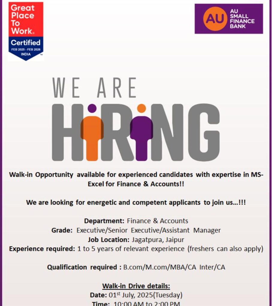 AU Small Finance Bank Jobs – Exciting Finance & Accounts Openings in Jaipur | Walkin July 1st