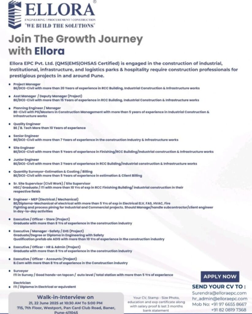 Pune Construction Jobs 2025 Walkin Drive – Join Prestigious Projects with Ellora EPC | June 21