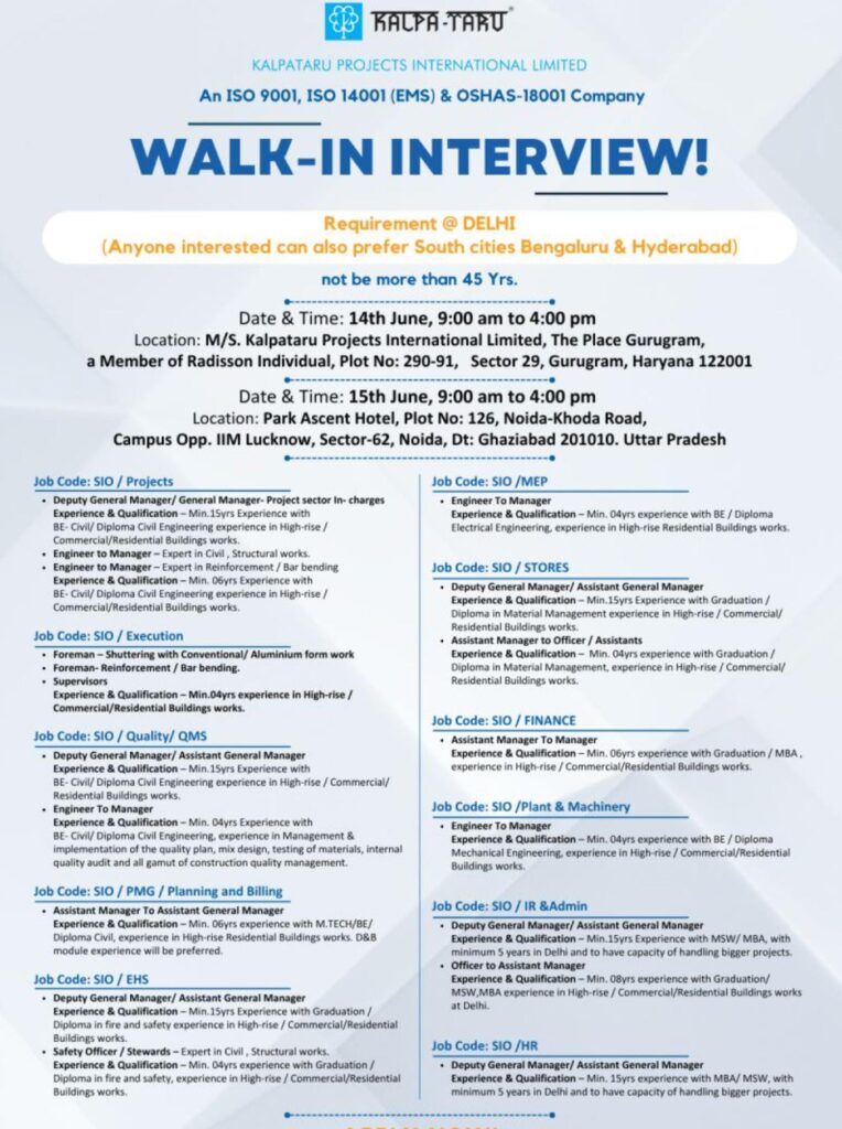 MEP Engineer Jobs Kalpataru hiring Now 2025 – Join Walk-In Interview EPC Jobs Delhi | June 14, 15