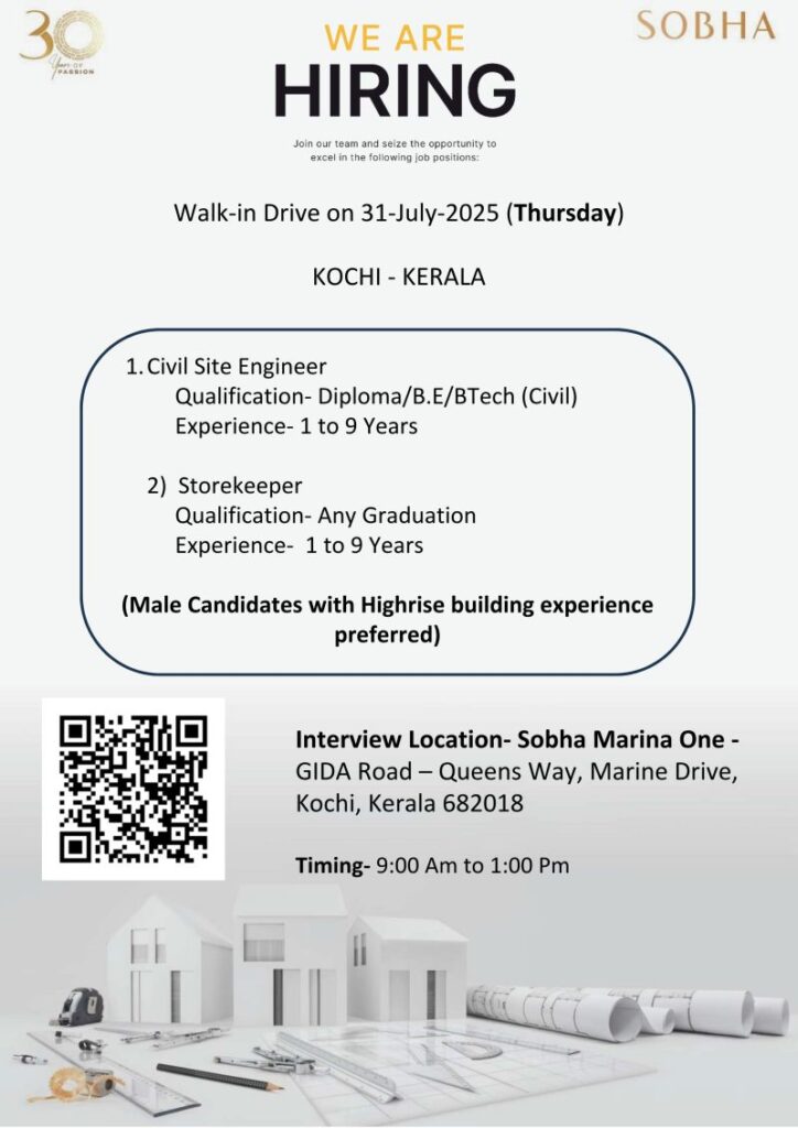 π Exciting Sobha Civil Site Engineer Vacancy in India β Walk-in on 31 July 2025