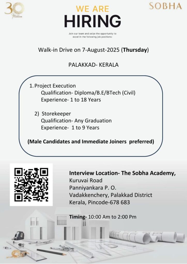 🌟 Exciting Sobha Project Execution and Storekeeper Vacancy India – Interview on 7 August 2025