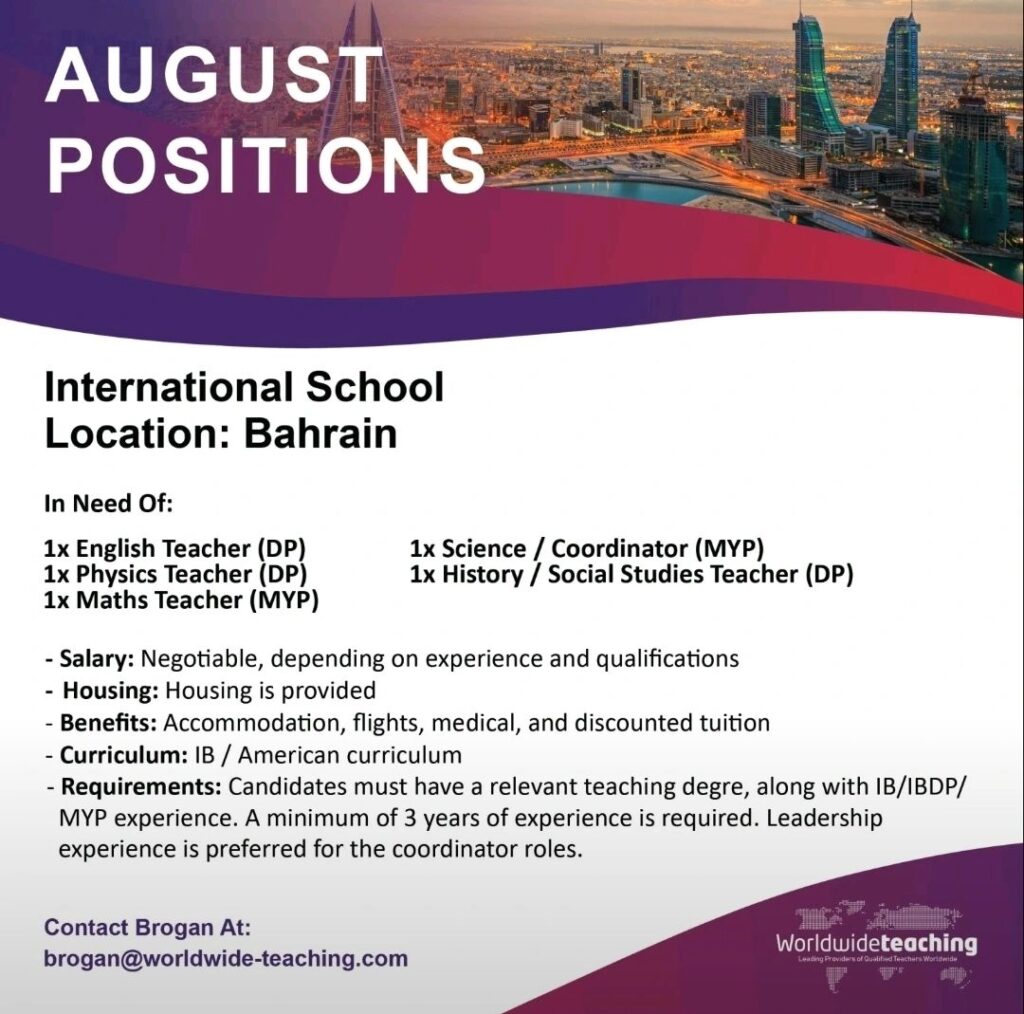 🏫 H1: Exciting International School Bahrain Teaching Jobs August 2025