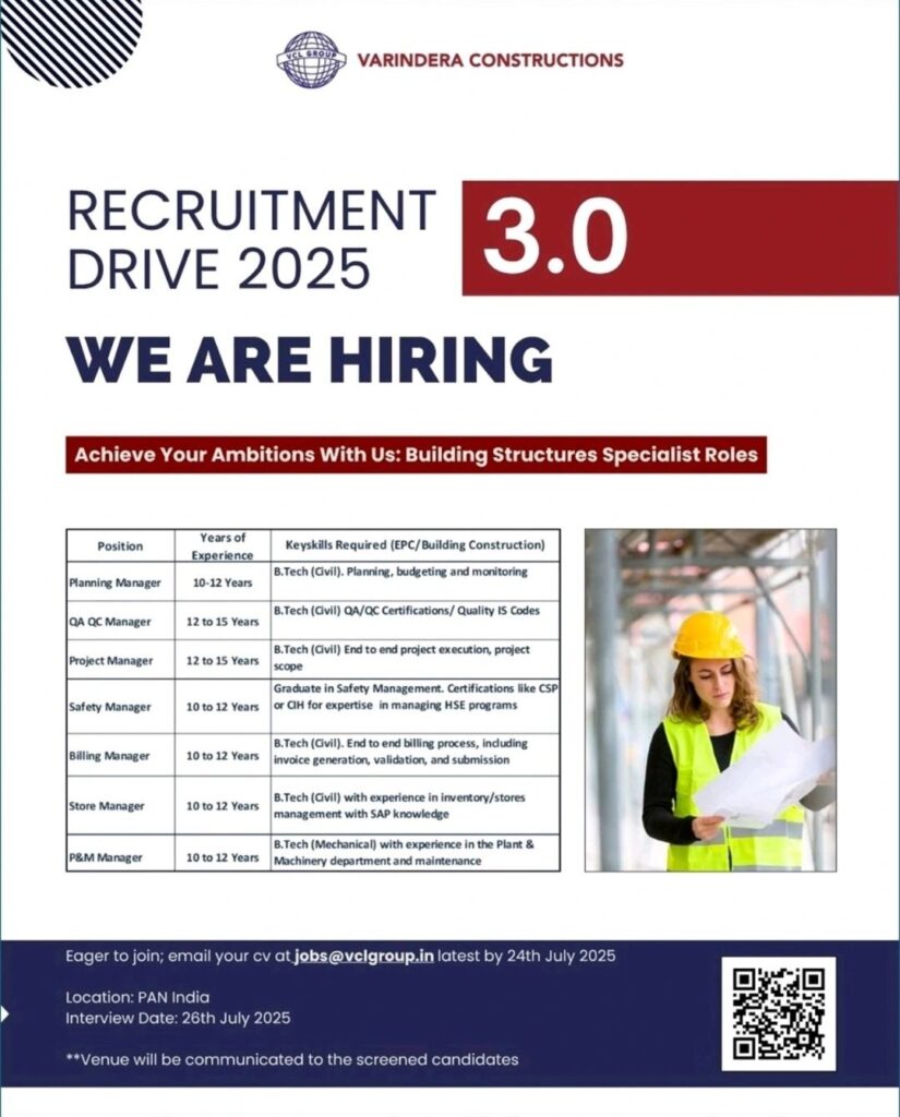 🏗️ Varindera Constructions Job Vacancies PAN India – Interview on 26 July 2025