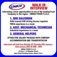 Dubai Unikai Foods PJSC Region’s leading FMCG Companies Walk-In Interview on 20th Jan to 23rd January 2025 from 9:00am to 4:00pm.
