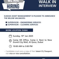 Dubai Ejadah Asset Management Walk-in Interview on Sunday, 19th January 2025 from 10:00 AM – 3:00 PM.